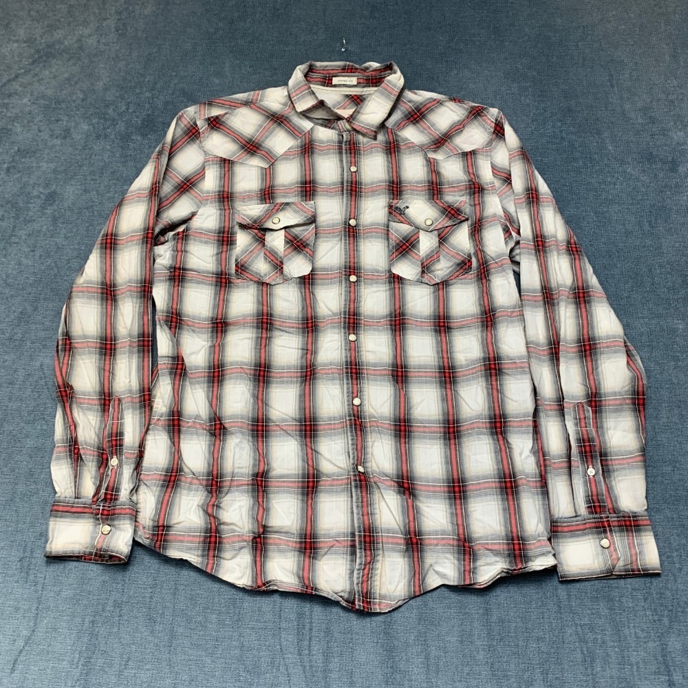 American Eagle Outfitters Western Shirt Mens XL White Red Plaid Snap Vintage Fit
